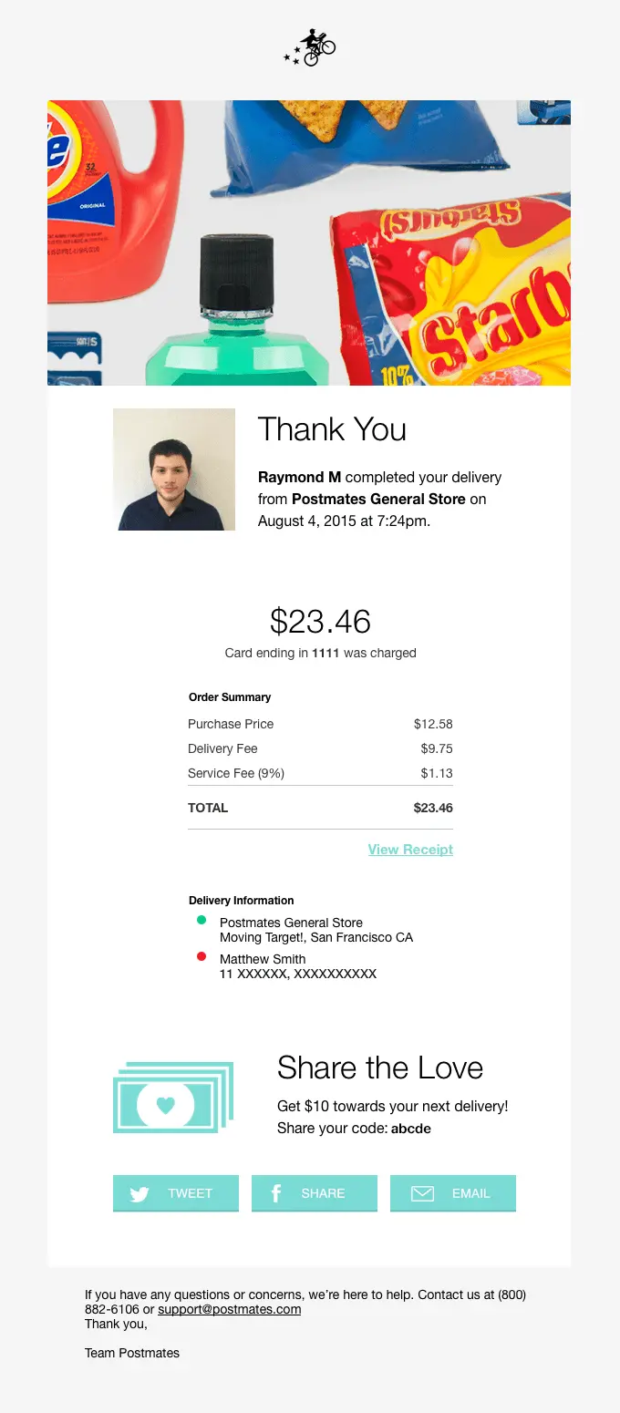transactional emails delivery confirmation postmates general store