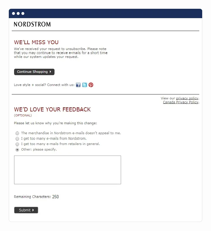 improve email deliverability unsubscribe nordstrom example