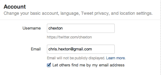 Twitter settings box