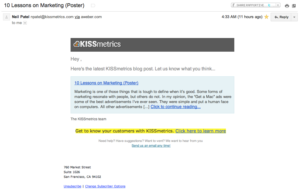 KISSmetrics email marketing example