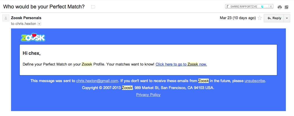 Zoosk Feature Email
