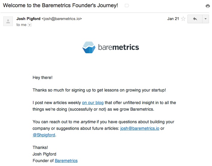 baremetrics welcome email